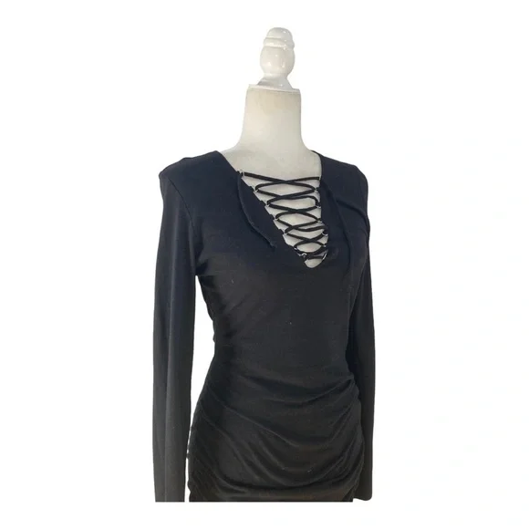 Pam & Gela Lace up Ruched Black Dress Long Sleeves - Picture 12 of 15